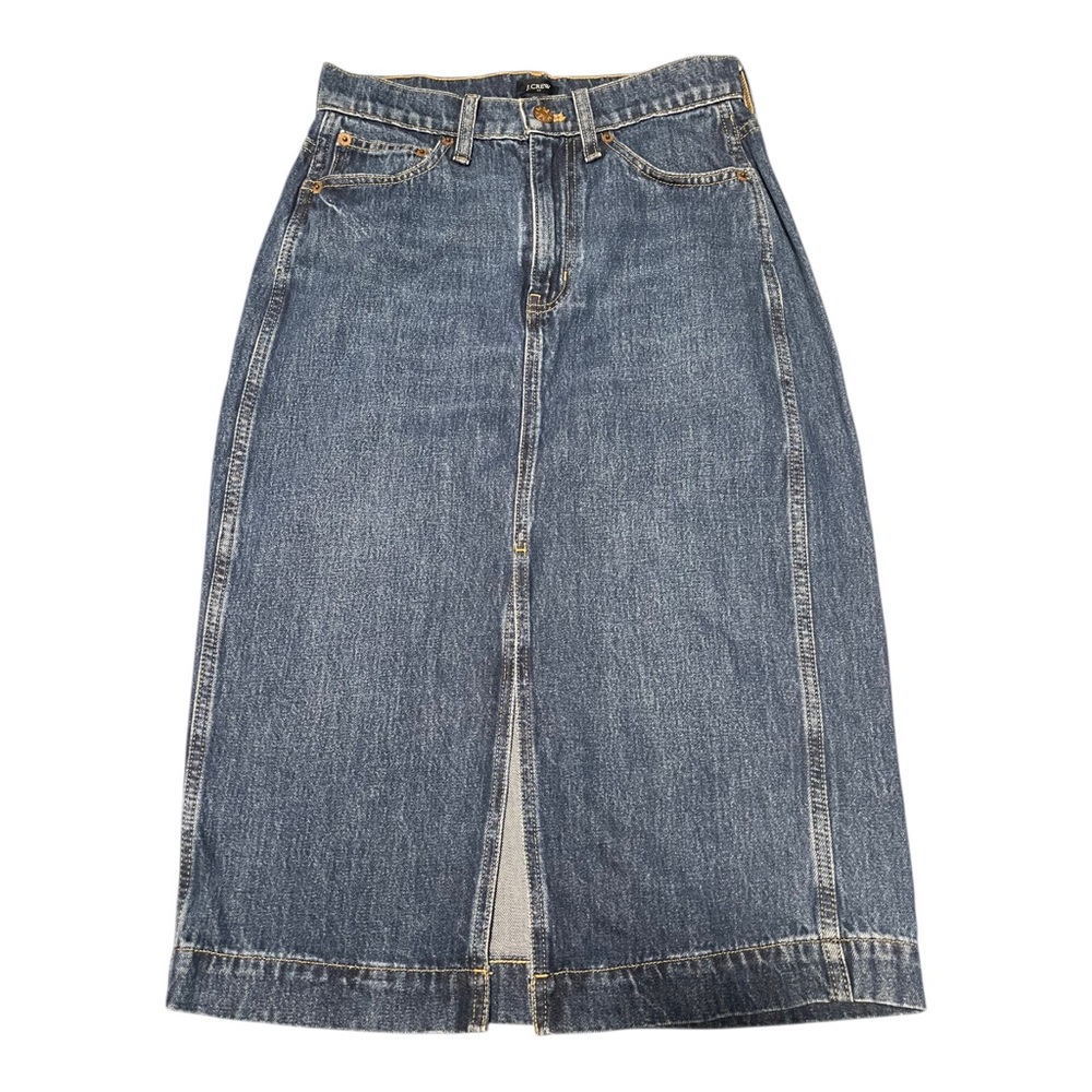 J. Crew Blue Denim Pencil Midi Skirt Front Slit Western Boho Size O P